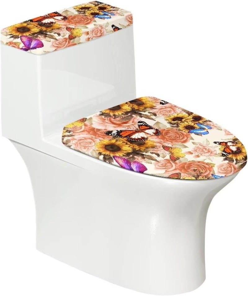 Flashideas Floral Butterfly Toilet Lid Cover and Toilet Tank Cover 2Pcs Toilet Seat Cover and Tank Lid Covers Stretch Toilet Covers Set for Bathroom Fits Most Toilet Tanks & Lids - Image 2